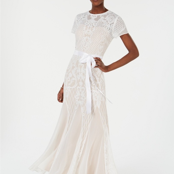 R & M Richards Dresses & Skirts - R & M Richards Sequined-Lattice Godet Gown White